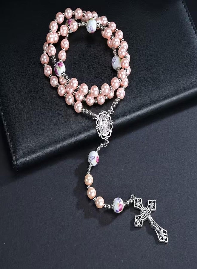 CACALOSS 8mm Pearl Alloy Catholic Cross Rosary Necklace - Exquisite Prayer, Portable and Lightweight - Image 3